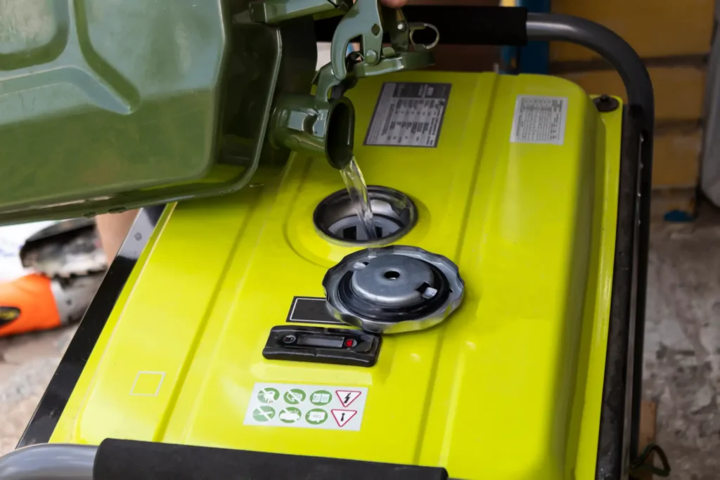 ein gelber Stromerzeuger wird mit einem gruenen Benzinkanister betankt