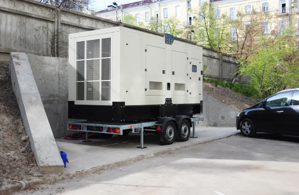 Grauer Stromerzeuger auf einem Fahrgestell in Betrieb auf einem Parkplatz neben einem Gebauede